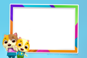 Moldura Personagens - Babybus Familia Gato Meowmi Dois gatos BabyBus MeowMi, moldura retangular formas geométricas coloridas, fundo azul claro.