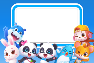 Moldura Personagens - Babybus Personagens BabyBus (coelho, pandas, pinguim, macaco, hipopótamo, rato), moldura retangular azul clara, fundo azul escuro.