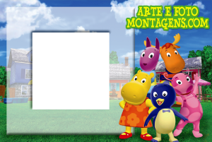 Moldura Personagens - Backyardigans Turma Backyardigans (Tyrone, Uniqua, Pablo, Tasha, Austin), jardim, moldura retangular transparente, fundo casa grama verde céu azul.