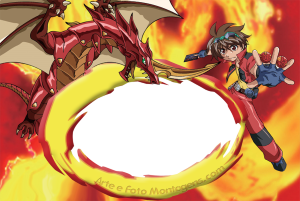 Moldura Personagens - Bakugan Dan Kuso e dragão Bakugan, fundo chamas, moldura oval amarela detalhes vermelhos, esfera fogo.