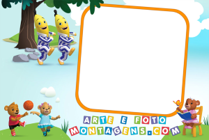 Moldura Personagens - Bananas De Pijamas B1 e B2 Bananas de Pijamas, ursinhos brincando, parque, moldura retangular branca borda laranja.