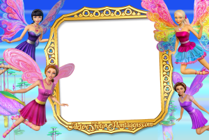Moldura Personagens - Barbie Segredo Das Fadas Barbie fada vestido rosa, asas borboleta, campo flores, moldura grande rosa clara, fundo lilás brilhos.