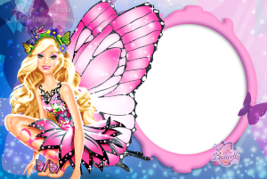 Moldura Personagens - Barbie Butterfly Barbie Mariposa Butterfly, asas borboleta rosa preta, moldura oval rosa ornamentada, fundo azul roxo borboletas.