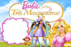 Moldura Personagens - Barbie E As Tres Mosqueteiras Barbie Três Mosqueteiras, espadas, gato, Barbie princesa, moldura rosa irregular, fundo castelo céu.