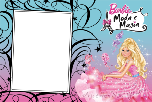 Moldura Personagens - Barbie Moda E Magia Barbie Moda e Magia, vestido rosa, fadinhas, moldura preta arabescos, fundo azul e pink, Torre Eiffel.