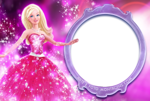 Moldura Personagens - Barbie Barbie vestido gala pink brilhante, colar, moldura oval lilás, fundo rosa brilhos estrelas.