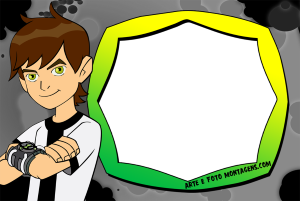 Moldura Personagens - Ben 10 Ben 10 Omniverse, Omnitrix ativado, moldura verde clara bordas escuras, fundo preto e cinza.