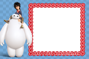 Moldura Personagens - Big Hero Hiro Hamada montado Baymax (Operação Big Hero), moldura retangular vermelha borda círculos, fundo azul quadriculado.