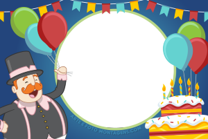 Moldura Personagens - Bita Aniversario Mundo Bita, moldura circular, fundo azul escuro com bolo aniversário, bandeirinhas e bexigas coloridas.