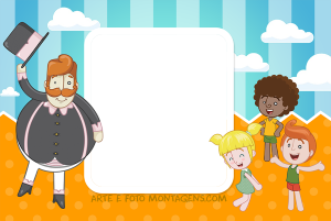 Moldura Personagens - Bita Mundo Bita 1 Mundo Bita, três crianças sorrindo, fundo poa laranja e listrado azul com nuvens.