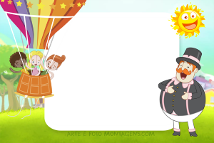 Moldura Personagens - Bita Mundo Bita 2 Crianças balão ar quente colorido, Mundo Bita, sol, fundo campo e céu azul.