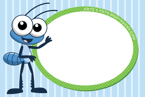 Moldura Personagens - Bob Zoom Formiguinha Bob Zoom azul sorrindo, moldura oval verde textura poá, fundo listrado azul branco.