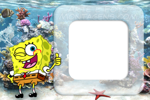 Moldura Personagens - Bob Esponja Bob Esponja fazendo joinha e piscando, moldura quadrada transparente, fundo aquário realista corais.