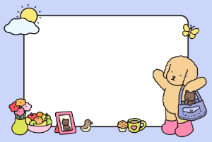 Moldura Personagens - Bobbie Goodies Cachorro poodle bege com bolsa, gatinho, moldura retangular cantos arredondados, fundo lilás.