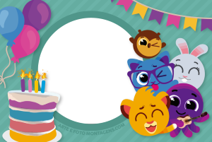 Moldura Personagens - Bolofofos Aniversario Personagens Bolofofos, bolo aniversário, bexigas, moldura circular, fundo verde com bandeirinhas coloridas.