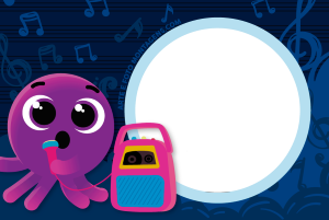 Moldura Personagens - Bolofofos Karaoke Polvo roxo Bolofofos cantando, rádio karaoke rosa, moldura circular borda azul clara, fundo azul escuro notas musicais.