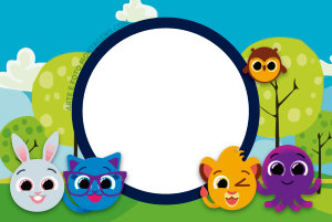 Moldura Personagens - Bolofofos Personagens Bolofofos (coelho, gato, leão, polvo, coruja), fundo céu azul e árvores, moldura circular azul escura.