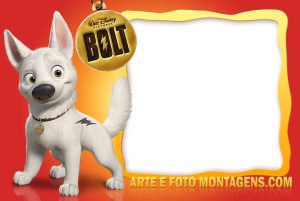 Moldura Personagens - Bolt Cão Bolt Supercão, moldura amarela laranja ondulada, fundo vermelho.