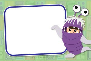 Moldura Personagens - Boo Monstros Sa Boo Monstros S.A. fantasia monstro roxo, moldura azul, fundo verde portas.