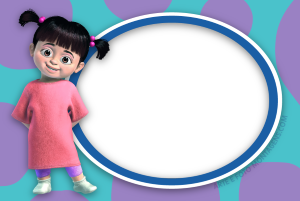 Moldura Personagens - Boo Monstros Boo Monstros S.A. vestido rosa, moldura azul, fundo verde círculos roxo.