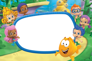 Moldura Personagens - Bubble Guppies Turma Bubble Guppies, Peixinho Laranja, cenário subaquático, moldura azul.