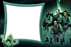 Moldura Personagens - Caca Fantasmas Caça-Fantasmas Ghostbusters, Geleia, cidade noite, moldura verde distorcida.