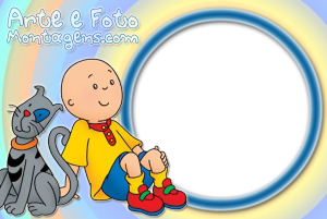 Moldura Personagens - Caillou Caillou e gato Gilbert sentados, moldura circular azul, fundo círculos pastéis.