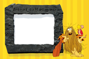 Moldura Personagens - Capitao Caverna Capitão Caverna, porrete, moldura retangular pedra cinza, fundo amarelo listrado.