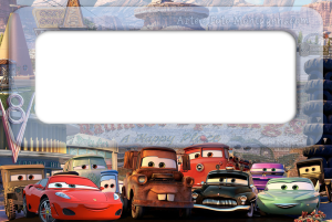 Moldura Personagens - Carros2 Relâmpago McQueen Carros Disney, pista corrida, arquibancadas, moldura retangular azul clara borda preta branca.