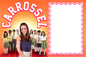 Moldura Personagens - Carrossel Professora Helena Carrossel sorrindo, moldura circular vermelha logo Carrossel, fundo azul turquesa raios.