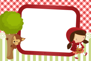 Moldura Personagens - Chapeuzinho Vermelho Lobo Chapeuzinho Vermelho clássica, Lobo Mau floresta, moldura retangular branca inclinada, cenário floresta rio.
