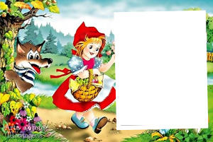 Moldura Personagens - Chapeuzinho Vermelho Chapeuzinho Vermelho chibi, Lobo Mau árvore, moldura vermelha formato orgânico, fundo quadriculado listrado.