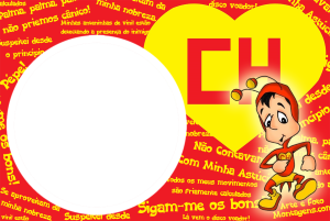 Moldura Personagens - Chapolin Chapolin Colorado, anteninhas, marreta, moldura circular branca, fundo amarelo coração frases.