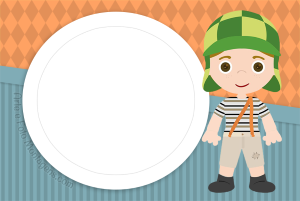 Moldura Personagens - Chaves Baby Chaves animado chibi, boné verde, moldura circular cinza clara, fundo painéis laranja azul.