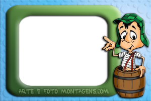 Moldura Personagens - Chaves Chaves saindo barril, sinal paz, moldura retangular verde escura, fundo azul bolhas.