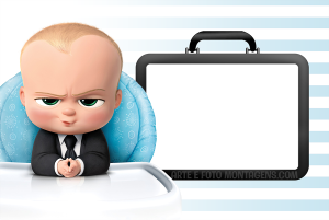 Moldura Personagens - Chefinho Babyboss Poderoso Chefinho cadeira alta, mãos juntas, maleta preta moldura, fundo listrado branco azul.