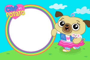 Moldura Personagens - Chip E Potato Pug Chip, ratinha Potato, arco-íris, logo, moldura circular verde escura borda arco-íris, fundo céu grama.