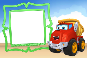 Moldura Personagens - Chuck E Amigos Caminhão Chuck (Chuck & Friends), moldura verde bordas onduladas, fundo céu nuvens terra.