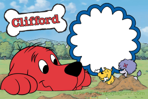Moldura Personagens - Clifford Cão Clifford vermelho gigante, cachorrinhos, logo osso, moldura azul formato flor, fundo parque.