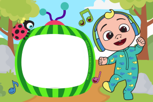 Moldura Personagens - Cocomelon Bebê JJ Cocomelon dançando, fones, moldura formato TV antiga borda melancia, fundo floresta notas.