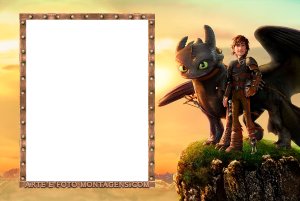 Moldura Personagens - Como Treinar O Seu Dragao Banguela Soluco Soluço montado dragão Banguela, penhasco, moldura retangular vertical branca borda madeira rebites, fundo pôr do sol.