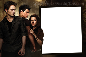 Moldura Personagens - Crepusculo Edward, Jacob, Bella (Crepúsculo), pose dramática, moldura retangular marrom escura textura madeira, fundo escuro floresta.