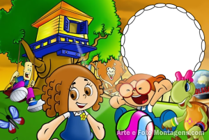 Moldura Personagens - Criancas Diante Do Trono Crianças Diante do Trono brincando parque, casa árvore, moldura oval branca borda preta círculos.