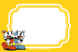 Moldura Personagens - Cuphead Cuphead e Mugman sorrindo, moldura preta formato cinema antigo, bordas brancas amarelas, fundo amarelo.