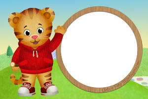 Moldura Personagens - Daniel Tigre Daniel Tigre casaco vermelho, apontando, moldura circular preta borda madeira, fundo paisagem bairro.