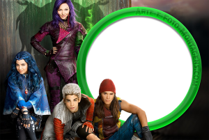 Moldura Personagens - Descendentes Mal, Evie, Jay, Carlos (Descendentes), moldura circular preta borda verde neon, fundo escuro dragão.