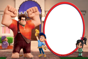 Moldura Personagens - Detona Ralph Wreckit Ralph Ralph, Felix Jr., Vanellope (Detona Ralph), prédio, moldura oval azul escura borda vermelha.