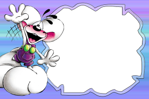 Moldura Personagens - Diddl Ratinho Diddl branco, macacão roxo, saltando, moldura branca irregular bordas azuis roxas, fundo listrado.