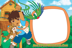 Moldura Personagens - Diego Go Diego (Go, Diego, Go!), Baby Jaguar, pássaro quetzal, cipó, moldura marrom formato caverna, fundo floresta.