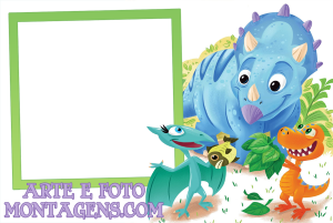 Moldura Personagens - Dinotrem Três dinossauros bebês Dinotrem, ninho, vegetação, moldura quadrada verde clara borda escura.